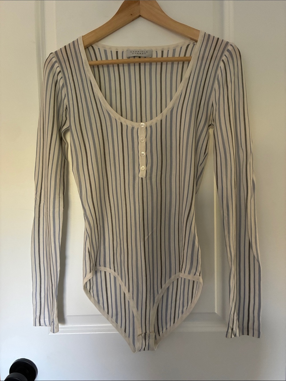 Striped Scoop-Neck Long Sleeve Bodysuit - Cream & Blue